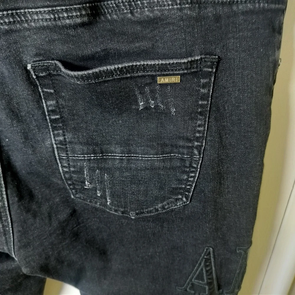 Amiri Mens Distressed Logo Denim Jeans Black Ripped Slim Fit‎ Streetwear 36x34